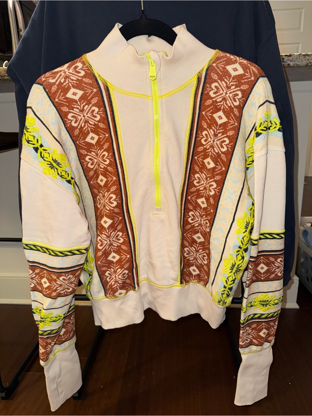 Free People Cream Zip-Up Sweater with Brown Pattern and Neon Yellow Accents